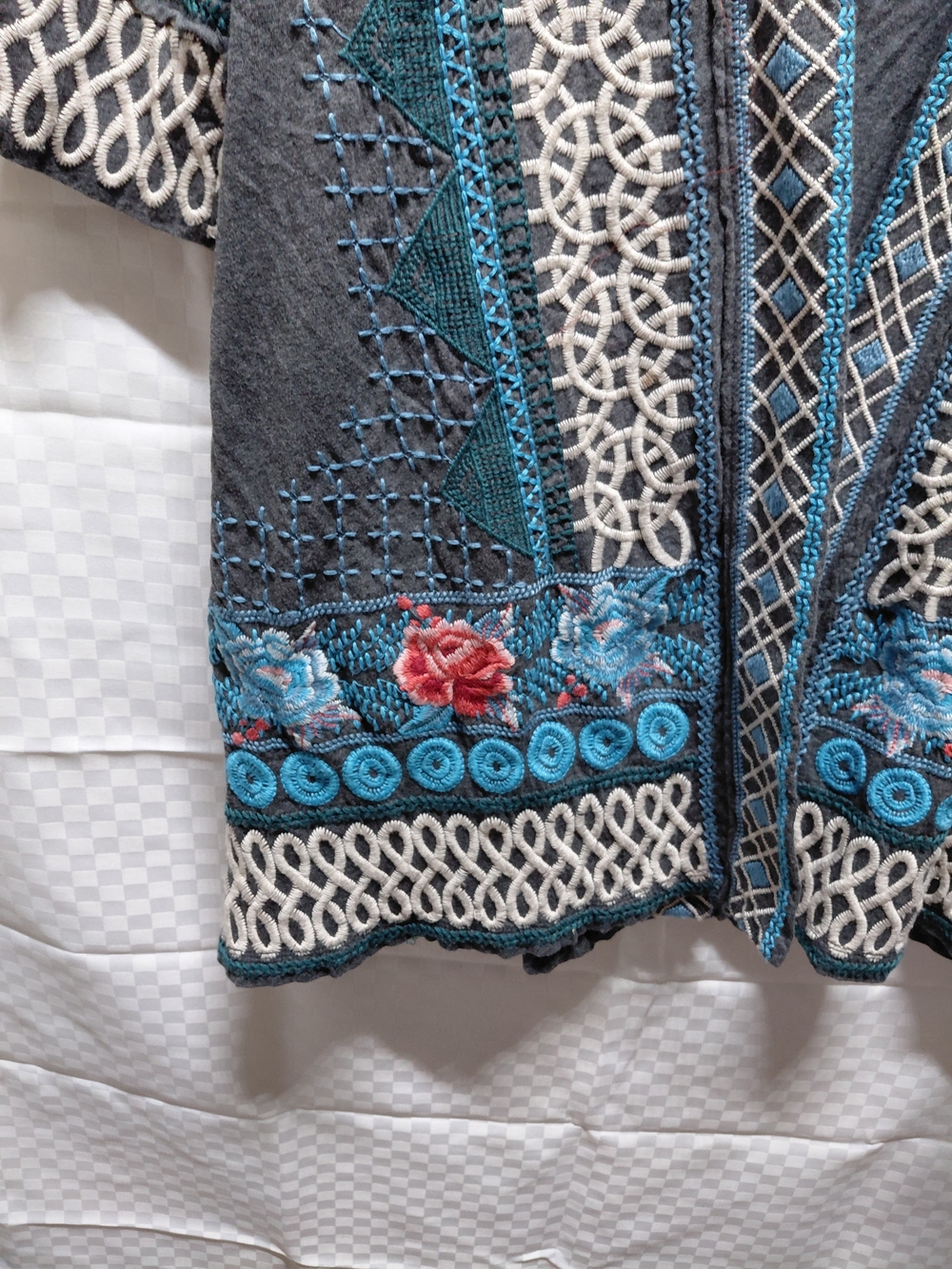 Embroidered Open Front Kimono Jacket in Charcoal & Teal #(C28) - Picture 4 of 9